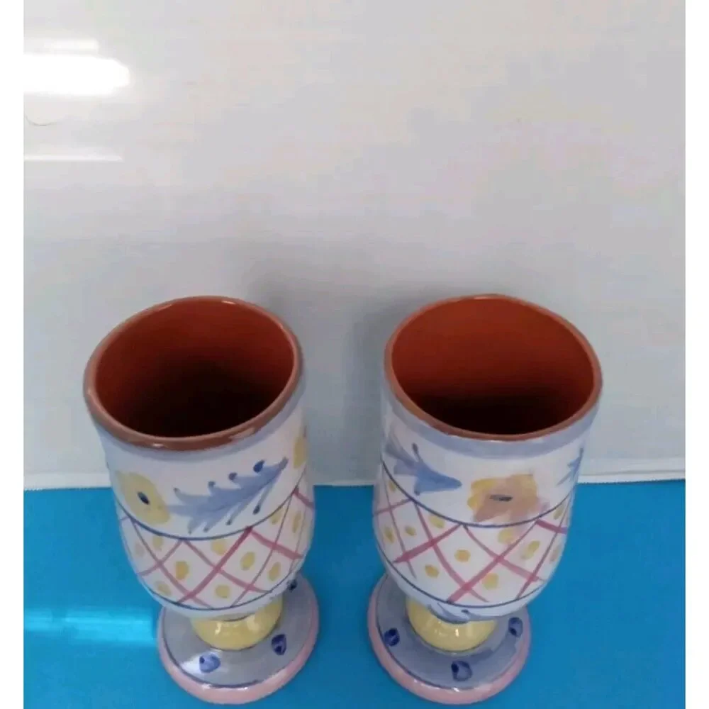 Handpainted Ceramic Wine Goblets Set of 2 - Floral‎ Pattern Terracotta Chalices